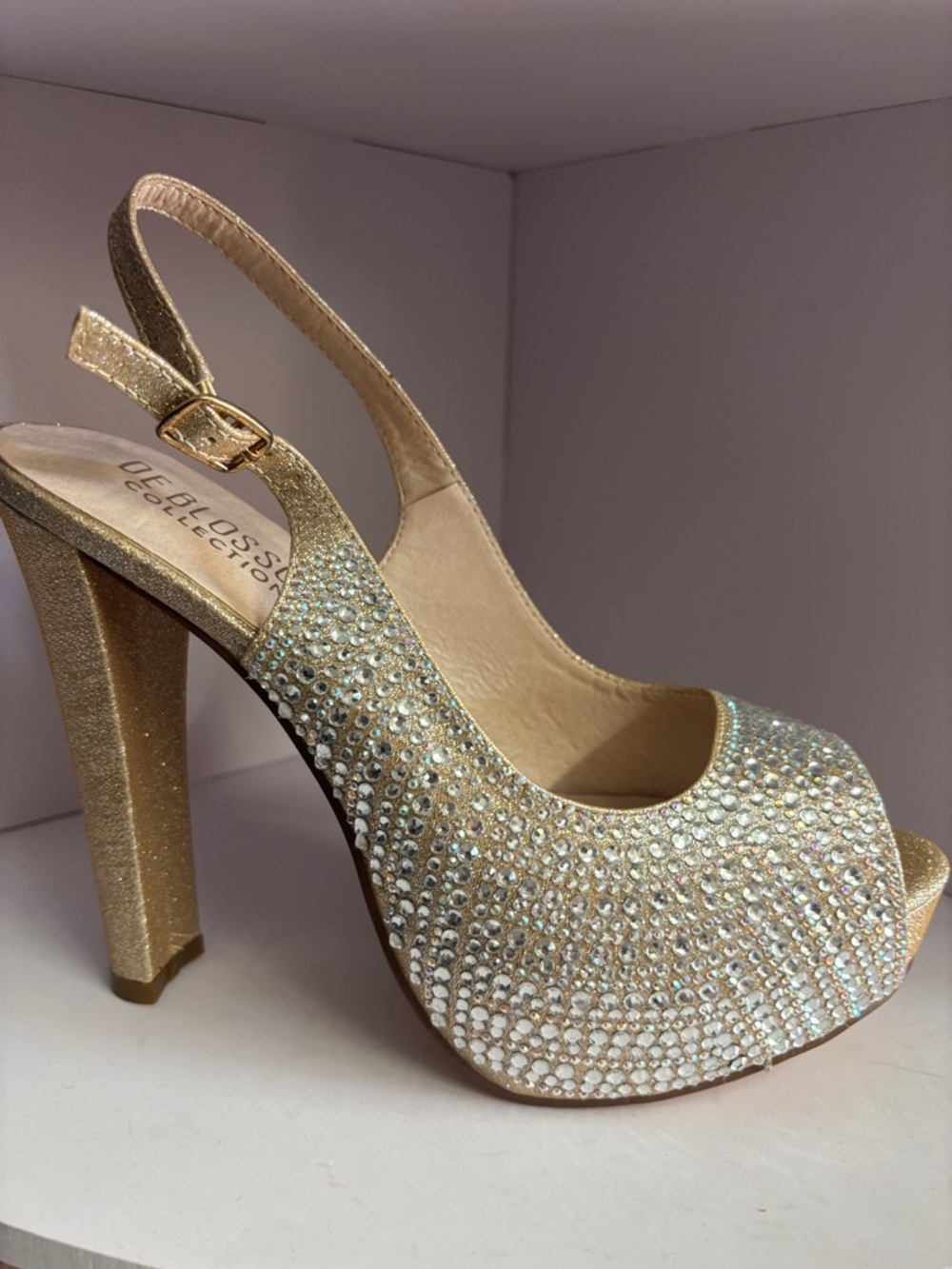 De Blossom Collection Gold Rhinestone Peep-Toe Slingback Heels